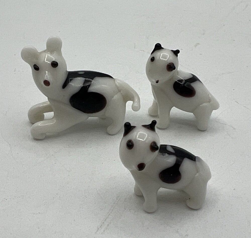 Set 3 Vtg Miniature Art Glass Black White Spotted Dogs Puppy Figurines 1"